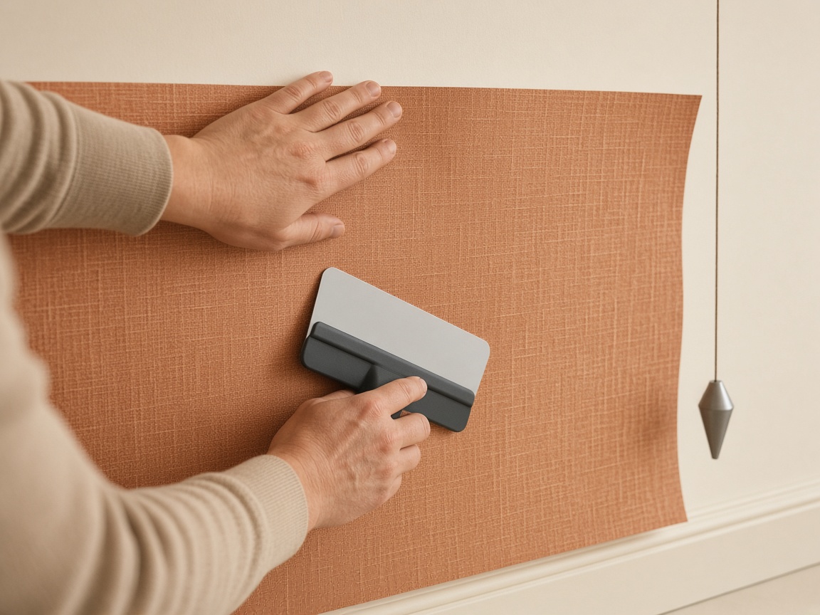 Linen wall covering being hung on a smooth wall