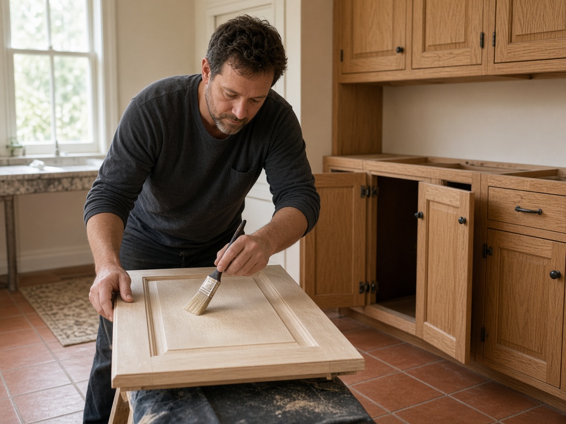 Kitchen cabinet door being refinished off the hinges